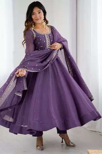 purple crunchy silk anarkali gown with dupatta and pant