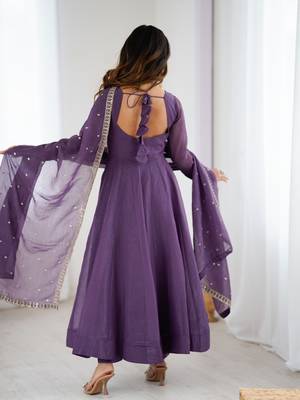 purple crunchy silk anarkali gown with dupatta and pant 3