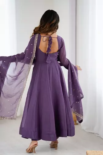 purple crunchy silk anarkali gown with dupatta and pant