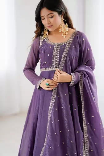 purple crunchy silk anarkali gown with dupatta and pant