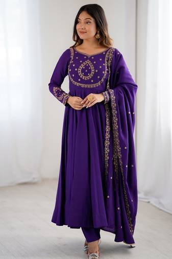 purple roman chanderi silk anarkali set with dupatta and pant