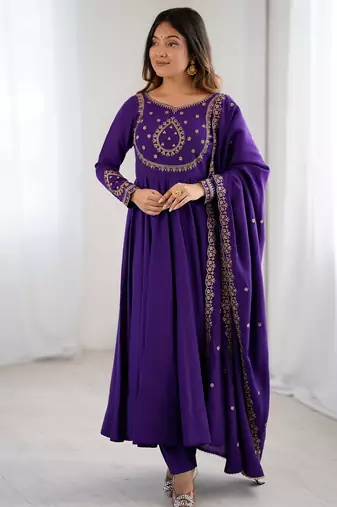 purple roman chanderi silk anarkali set with dupatta and pant
