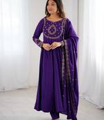 purple roman chanderi silk anarkali set with dupatta and pant