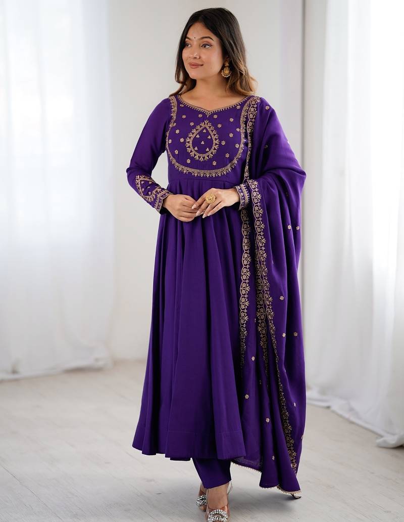 purple roman chanderi silk anarkali set with dupatta and pant