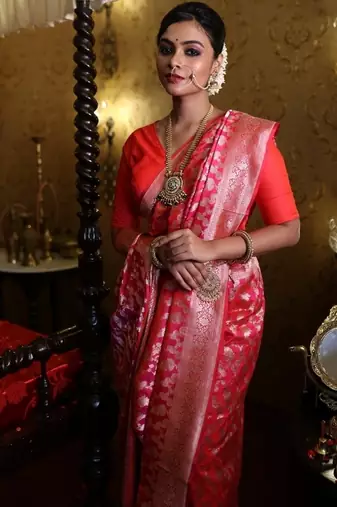 pink hand woven katan silk blend zari woven all seasons sarees