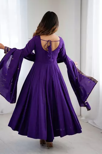 purple roman chanderi silk anarkali set with dupatta and pant