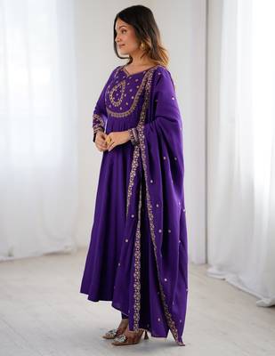 purple roman chanderi silk anarkali set with dupatta and pant 3
