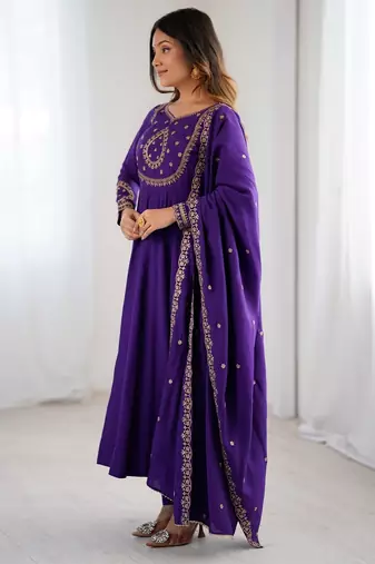purple roman chanderi silk anarkali set with dupatta and pant