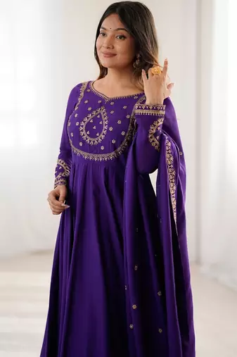 purple roman chanderi silk anarkali set with dupatta and pant
