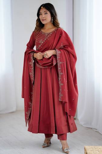 rust silk anarkali gown with dupatta and pant