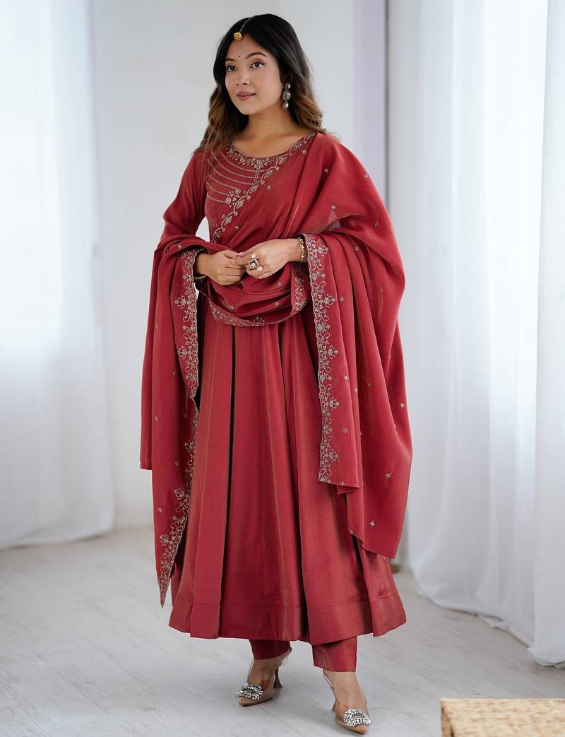 rust silk anarkali gown with dupatta and pant