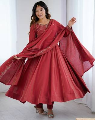 rust silk anarkali gown with dupatta and pant 2