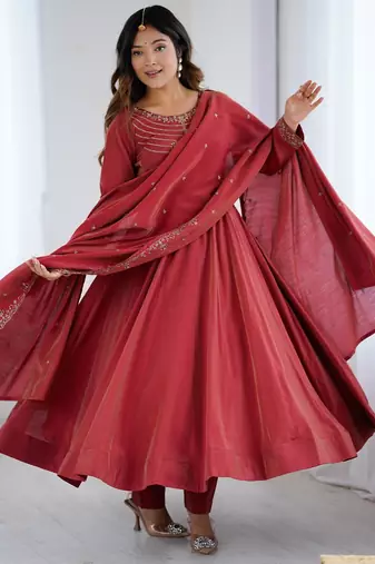 rust silk anarkali gown with dupatta and pant