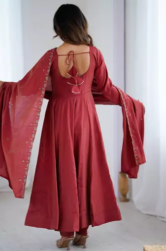 rust silk anarkali gown with dupatta and pant