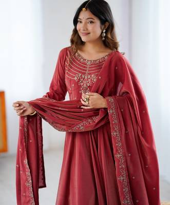 rust silk anarkali gown with dupatta and pant 4