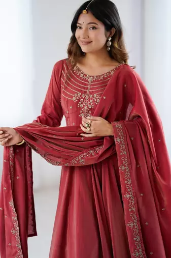 rust silk anarkali gown with dupatta and pant
