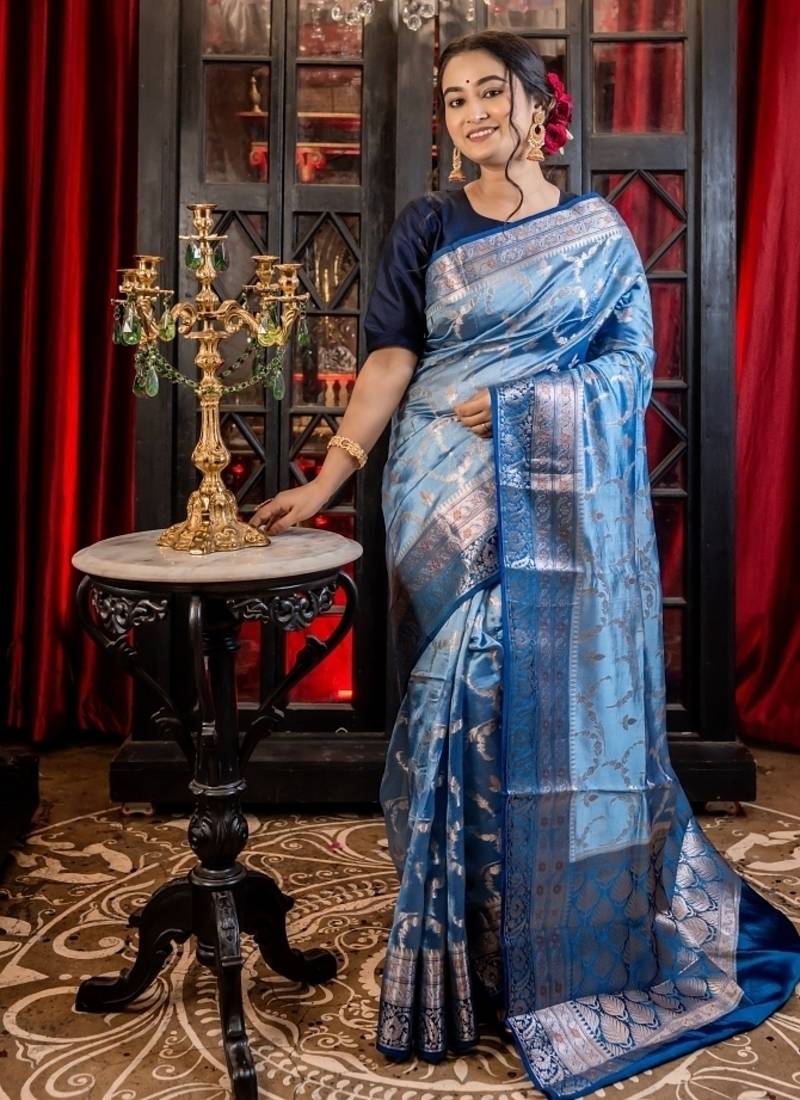 blue woven katan silk blend saree