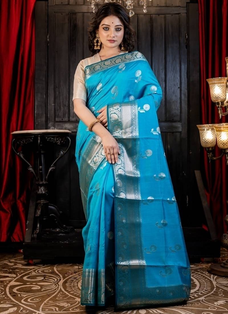 blue hand woven silk blend saree