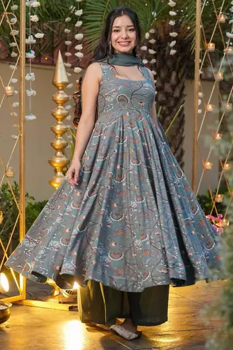 Grey Printed Rayon Suit Set