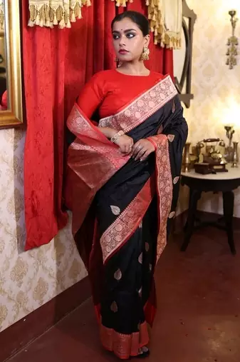 black hand woven katan silk blend zari woven all seasons sarees