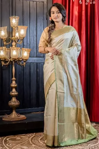 green hand woven katan silk blend zari woven all seasons sarees