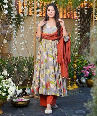 Multicolor Printed Rayon Anarkali Suit Set 1