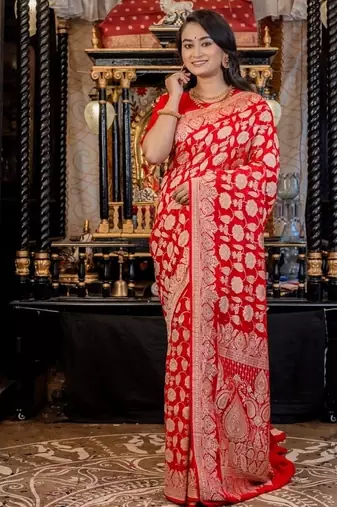 red woven georgette zari woven all seasons sarees