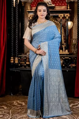 blue woven silk blend blend zari woven all seasons sarees