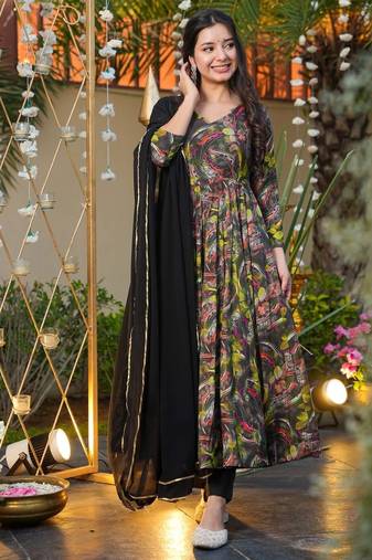 Black Printed Rayon Suit Set