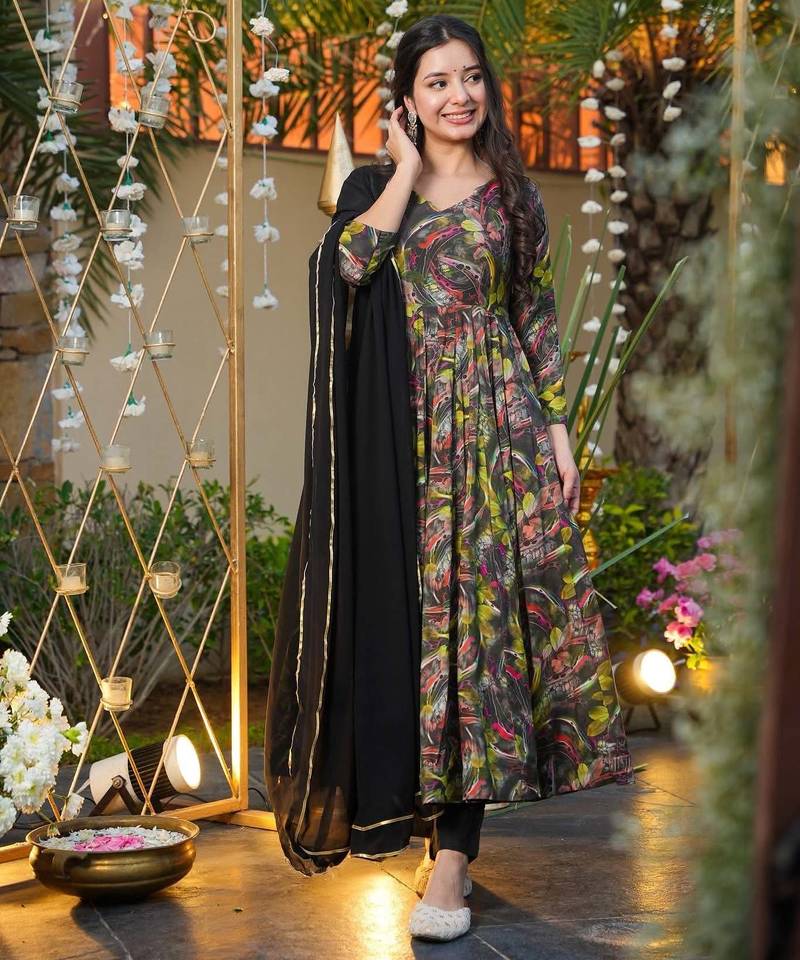 Black Printed Rayon Suit Set