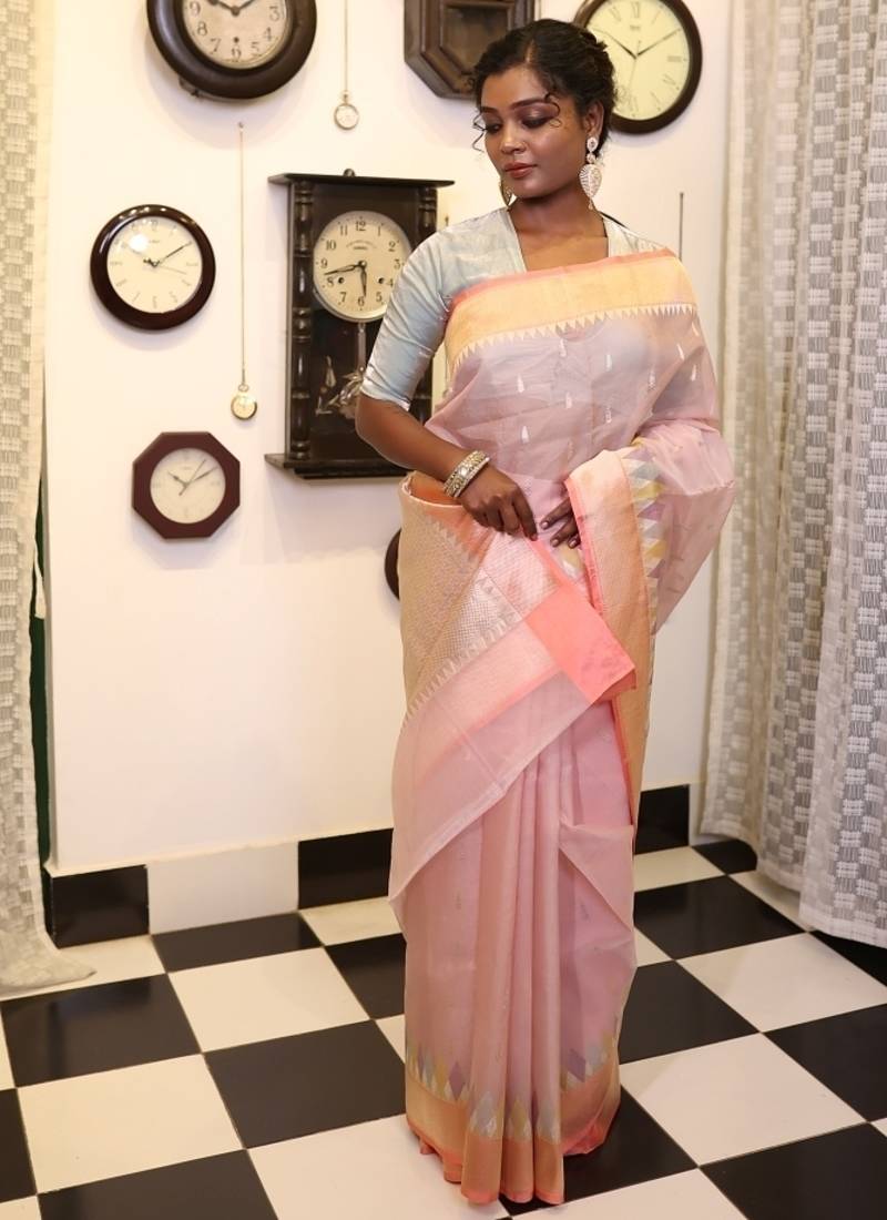 pink hand woven silk blend saree