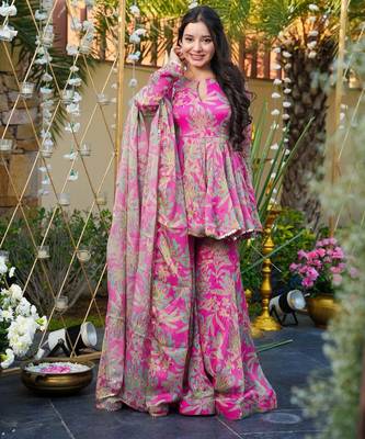 Pink Embroidered Silk Sharara & Kurta Set 1