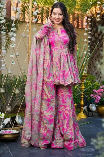 Pink Embroidered Silk Sharara & Kurta Set
