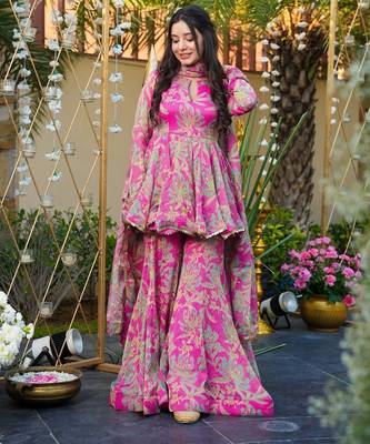 Pink Embroidered Silk Sharara & Kurta Set 2