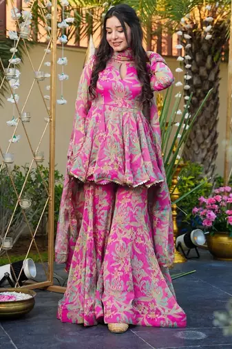 Pink Embroidered Silk Sharara & Kurta Set