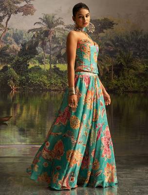 teal floral umbrella lehenga with corset blouse & dupatta 4