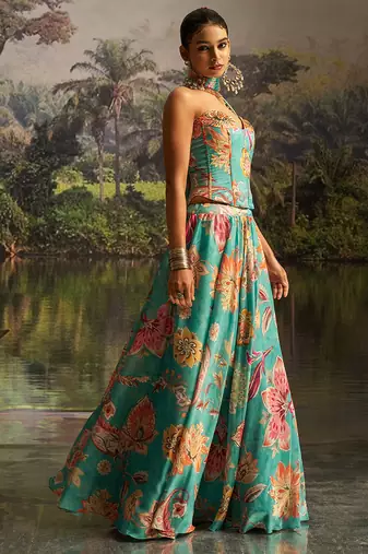 teal floral umbrella lehenga with corset blouse & dupatta