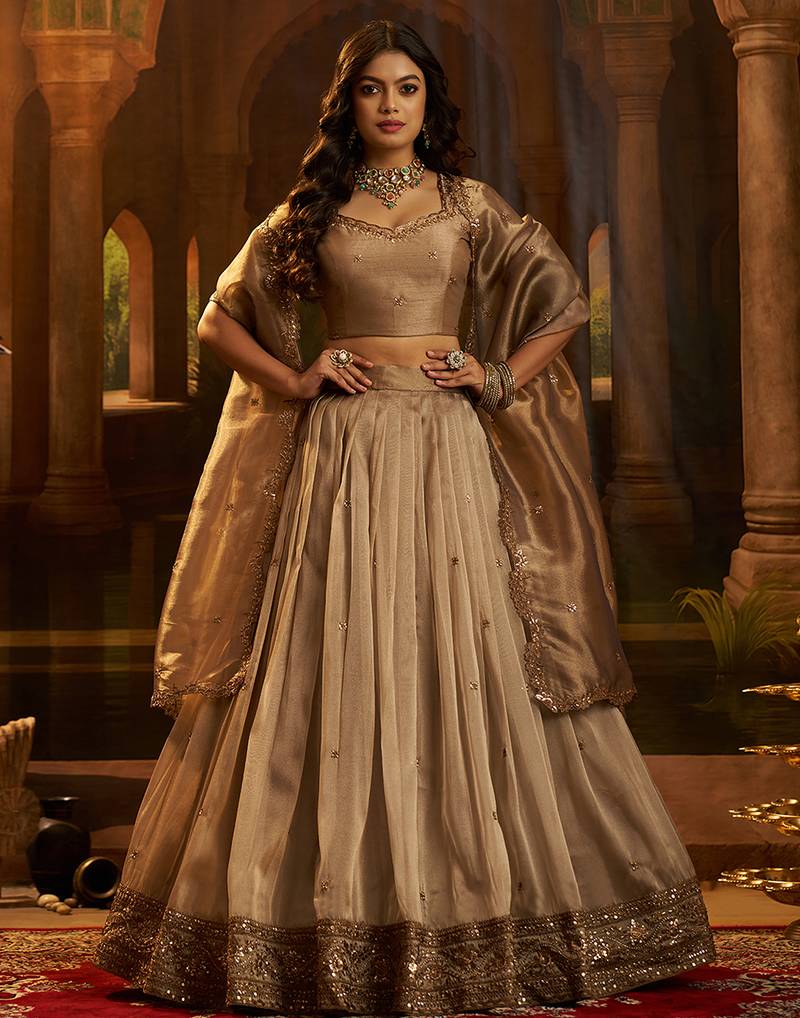 brown embroidered organza lehenga set with choli and dupatta