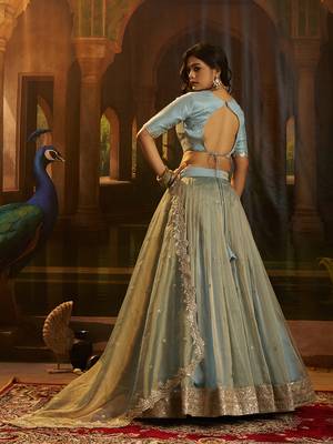 turquoise organza lehenga set with choli and dupatta 4