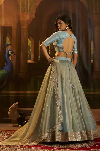 turquoise organza lehenga set with choli and dupatta