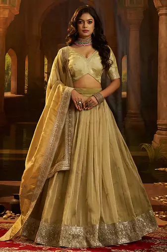 olive green organza embroidered lehenga set with choli and dupatta