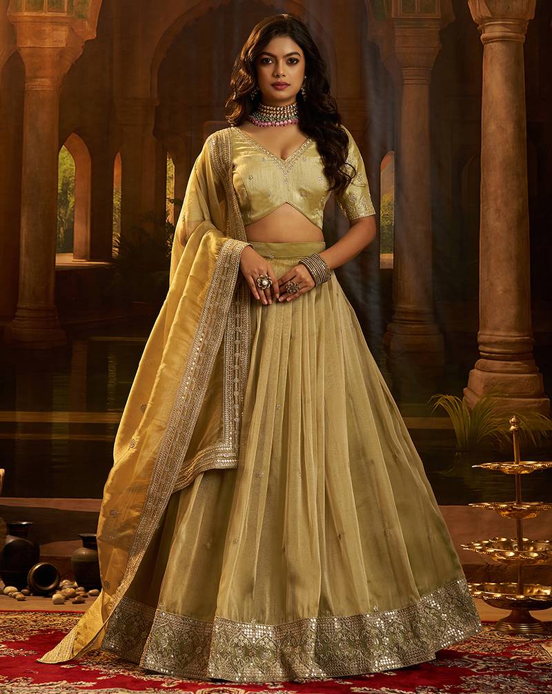 olive green organza embroidered lehenga set with choli and dupatta
