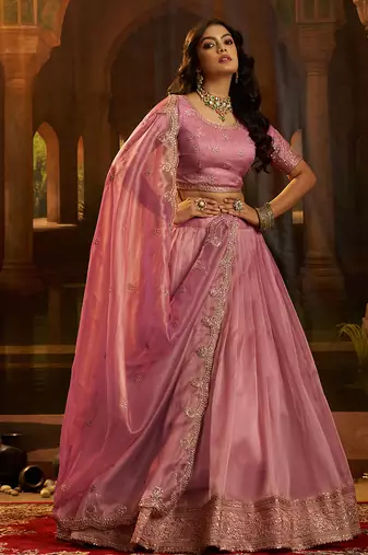pink organza embroidered lehenga set with choli and dupatta