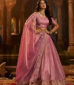 pink organza embroidered lehenga set with choli and dupatta