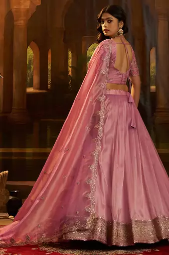 pink organza embroidered lehenga set with choli and dupatta