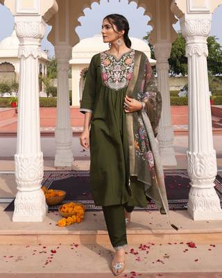 Mahendi color cotton silk fabric designer embroidered heavy ceremonial wear salwar kameez 1