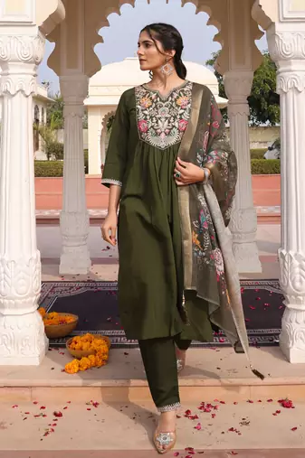 Mahendi color cotton silk fabric designer embroidered heavy ceremonial wear salwar kameez