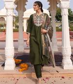 Mahendi color cotton silk fabric designer embroidered heavy ceremonial wear salwar kameez