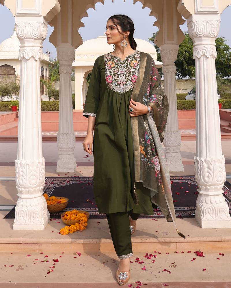 Mahendi color cotton silk fabric designer embroidered heavy ceremonial wear salwar kameez