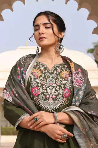 Mahendi color cotton silk fabric designer embroidered heavy ceremonial wear salwar kameez